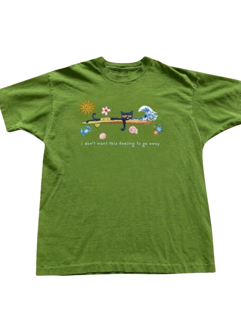 Gildan Green Graphic T-Shirt with Cat Surf Design
